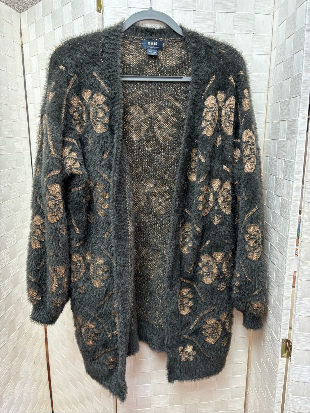 Maeve Gray Floral Fuzzy Open Cardigan Sweater one size